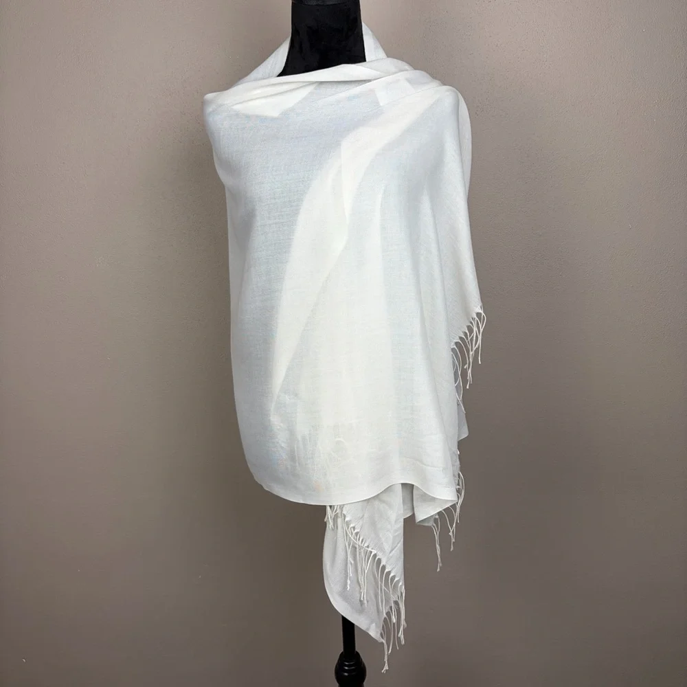 Off White Cream Pashmina Scarf Wrap Shawl Gauze Lightweight Tassel Fringe Solid
